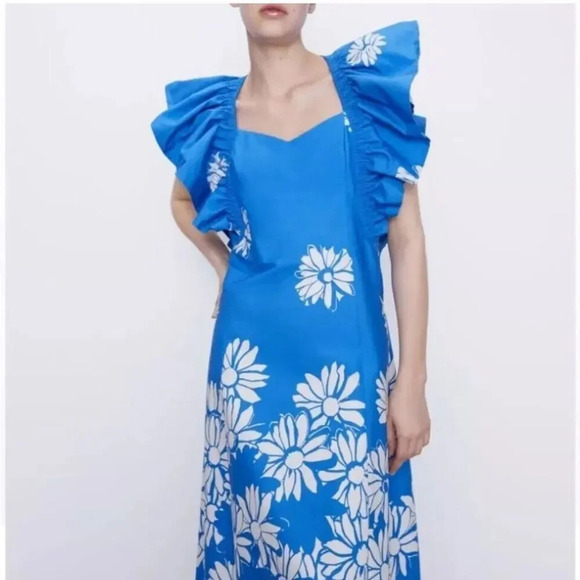 ZARA Daisy Floral Statement Ruffle Sleeve Midi Dress Size XS Sweetheart Neck - Picture 5 of 16